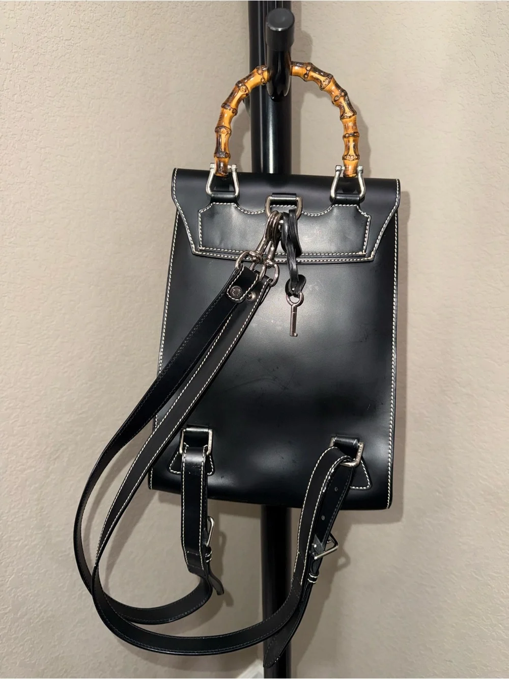 Dooney & Bourke Black Leather Bamboo-Handle Backpack